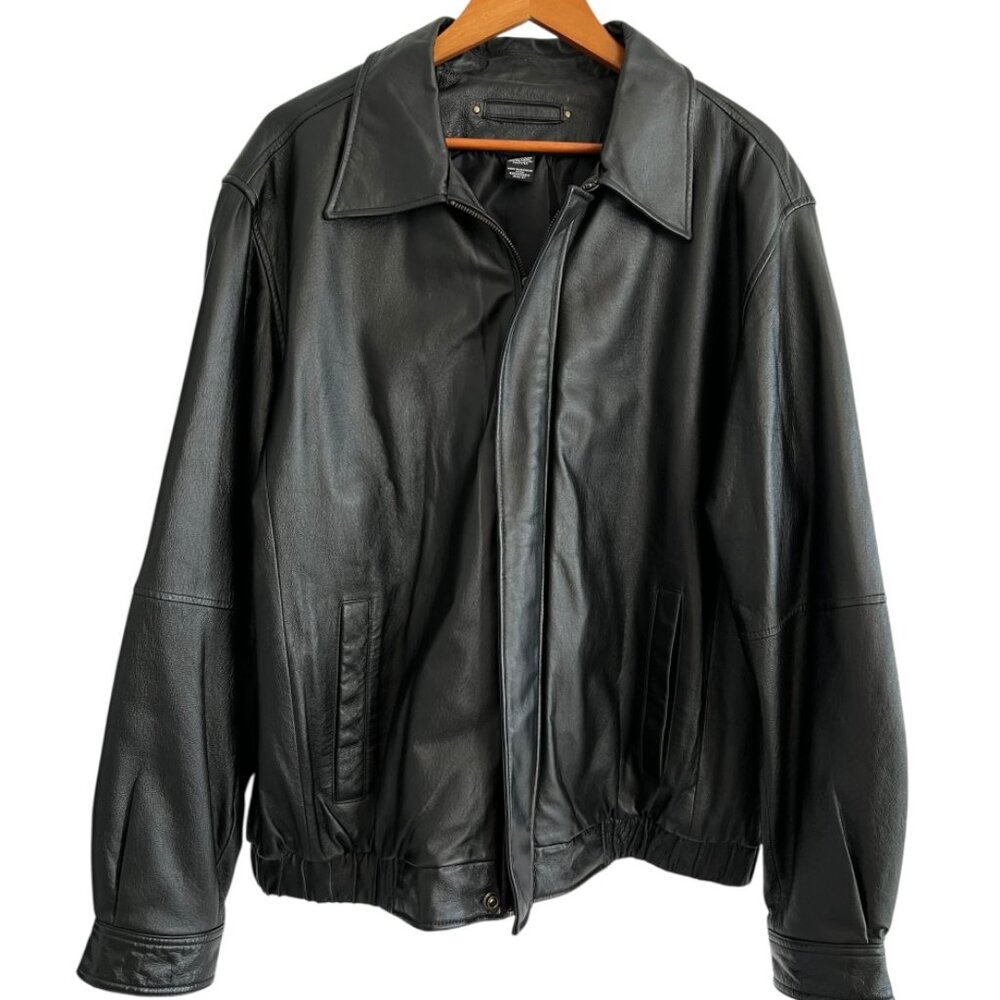 Covington Men's Leather Bomber Jacket with Collar Size XL Black Full Zip MINT